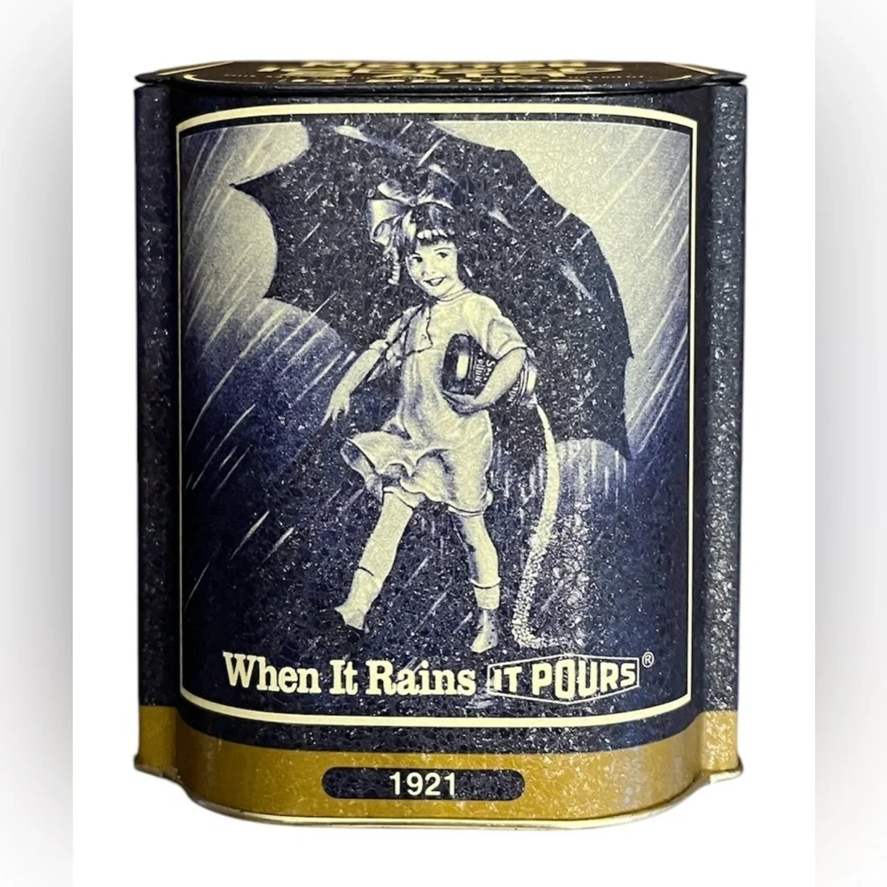 VINTAGE Morton Iodized Salt “It Pours” 1921 Tin Reproduction Slanted Flip Top